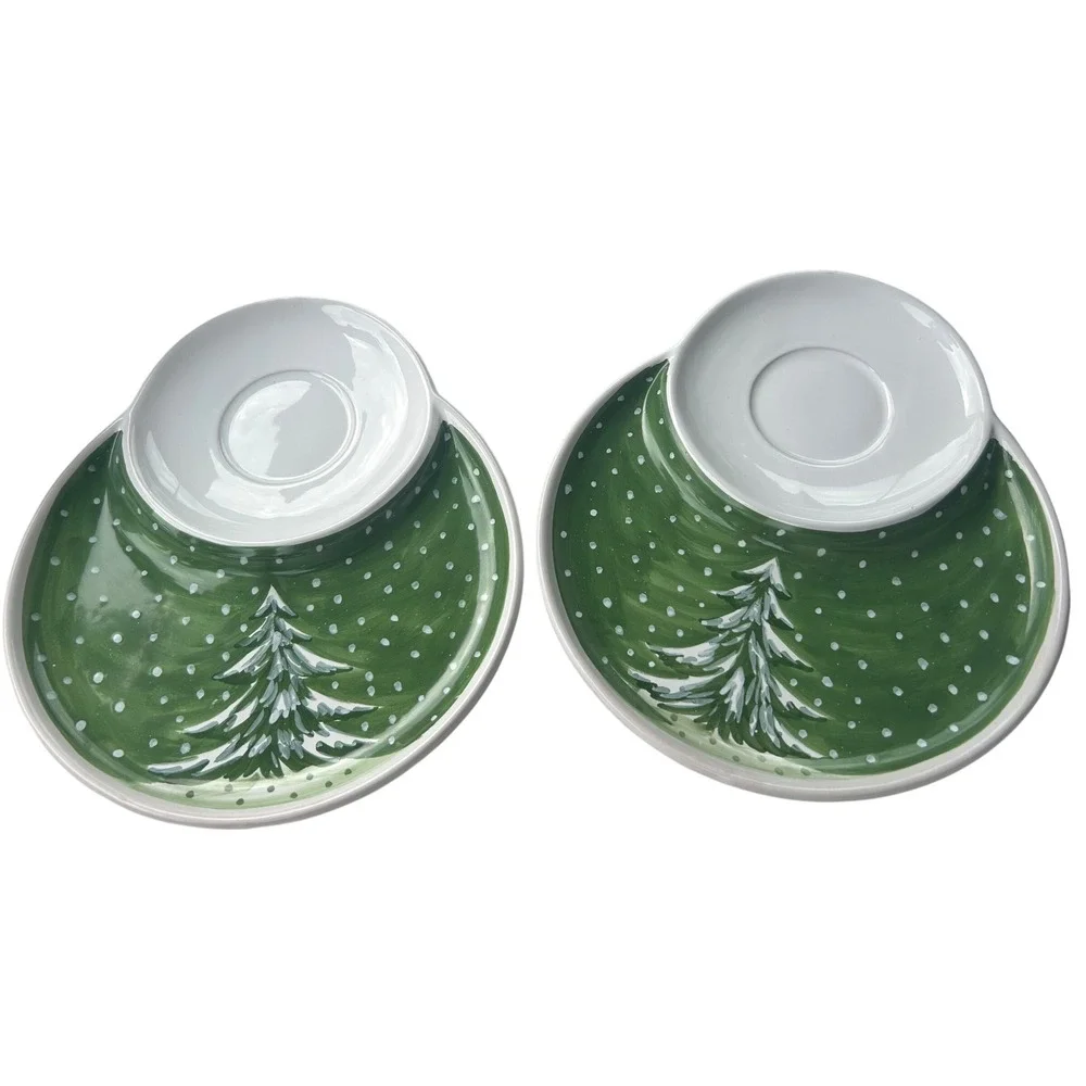 2 Starbucks Christmas Tree Snack Plates Only Made in Italy Ceramic Green white